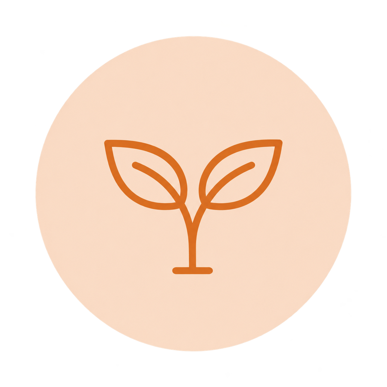 Minimalist orange sprout icon with two leaves inside a peach circular background