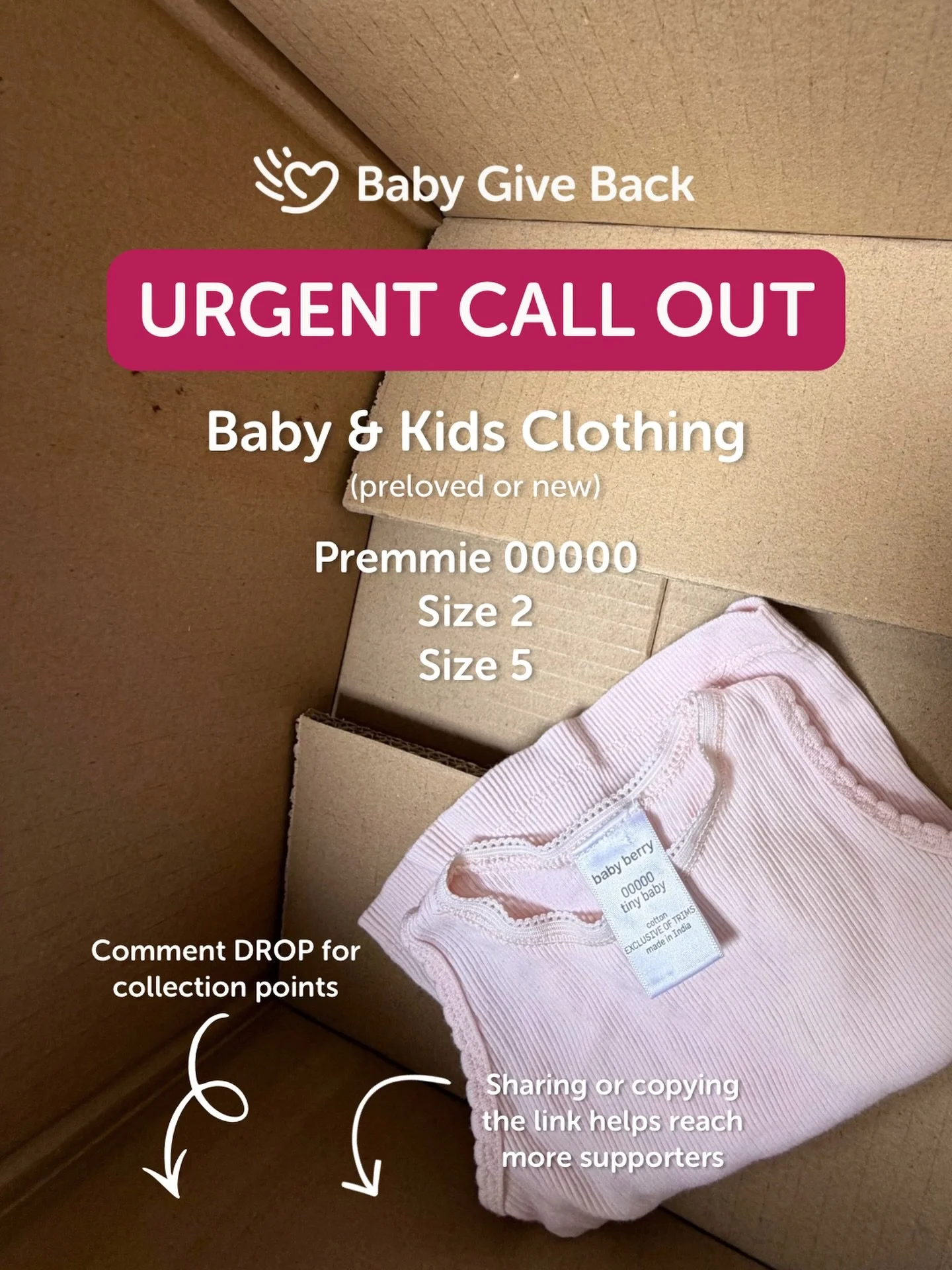 🚨URGENT call out to the village! We&rsquo;re low on baby and kids clothing and need your help stocking up for our busiest time of year. The sizes most needed at the moment are:

🩵&nbsp;Premmie 00000
🩵&nbsp;Size 2
🩵 Size 5

All sizes from Premmie 