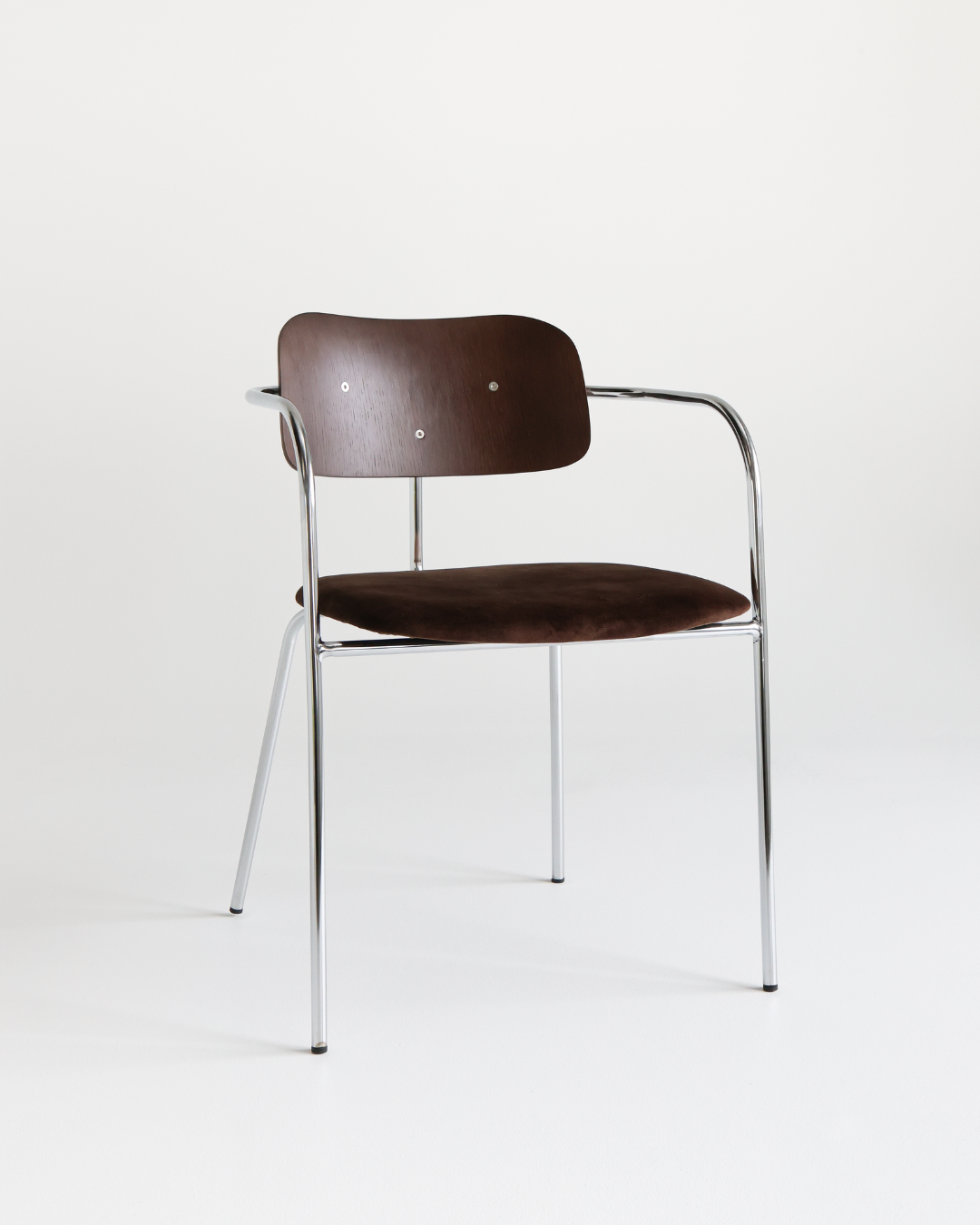 Modern chair with a dark wooden backrest and seat, with chrome metal frame and armrests, set against a white background.