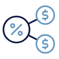 A circle with percentage sign, pushing towards dollar sign payments, representing passive income and divident payments