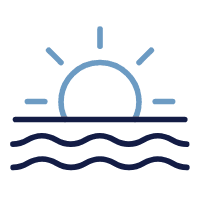 Line icon of Sun over the water, representing relaxing in retirement with peace of mind.