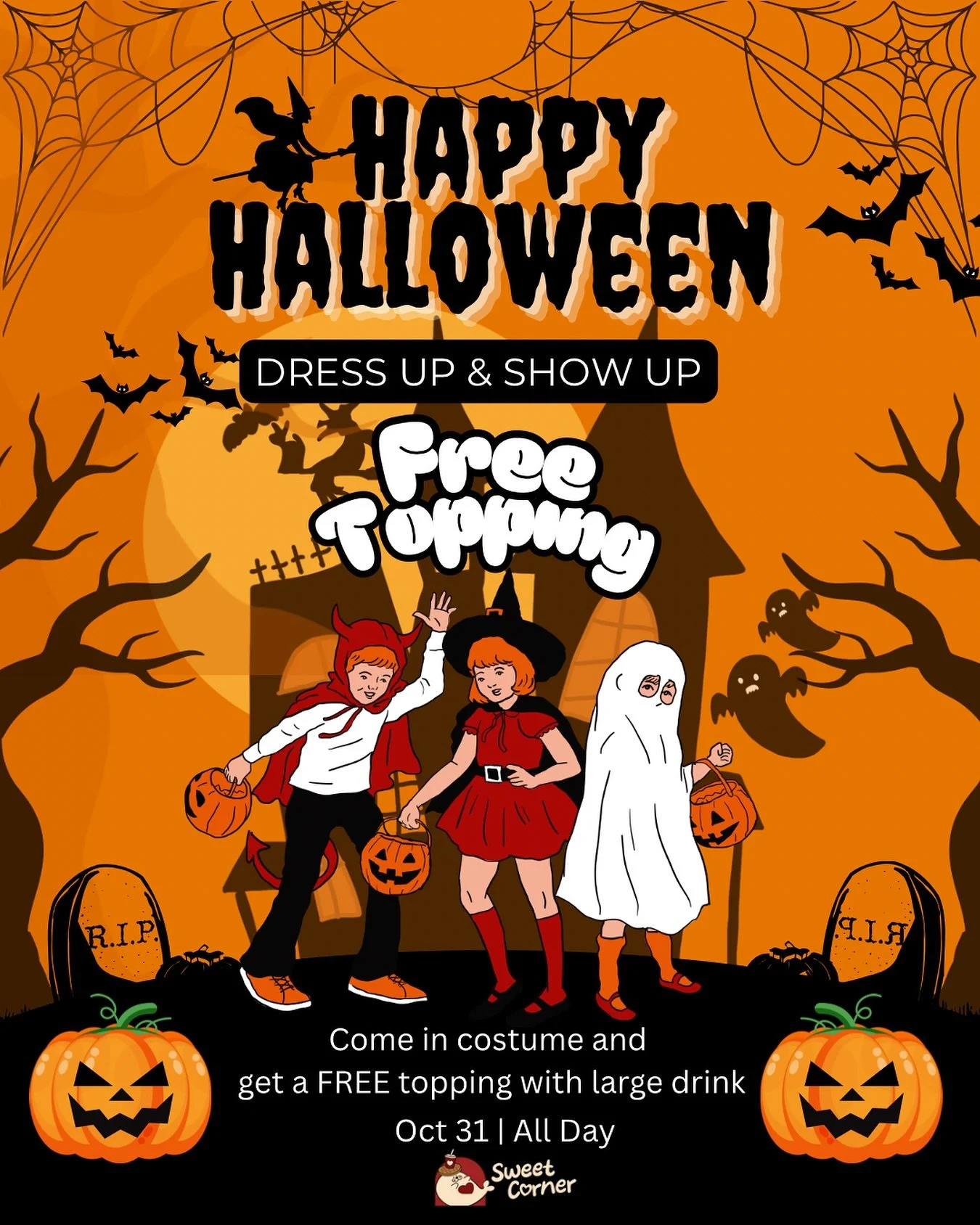 Dress up, show up, and sip with us! 👻✨
This Halloween, come in costume and get a FREE topping with any large drink.
Let’s make it spooky-sweet together! 🎃🧋
October 31 — All day
#sweetcorneranacortes #halloweencostume