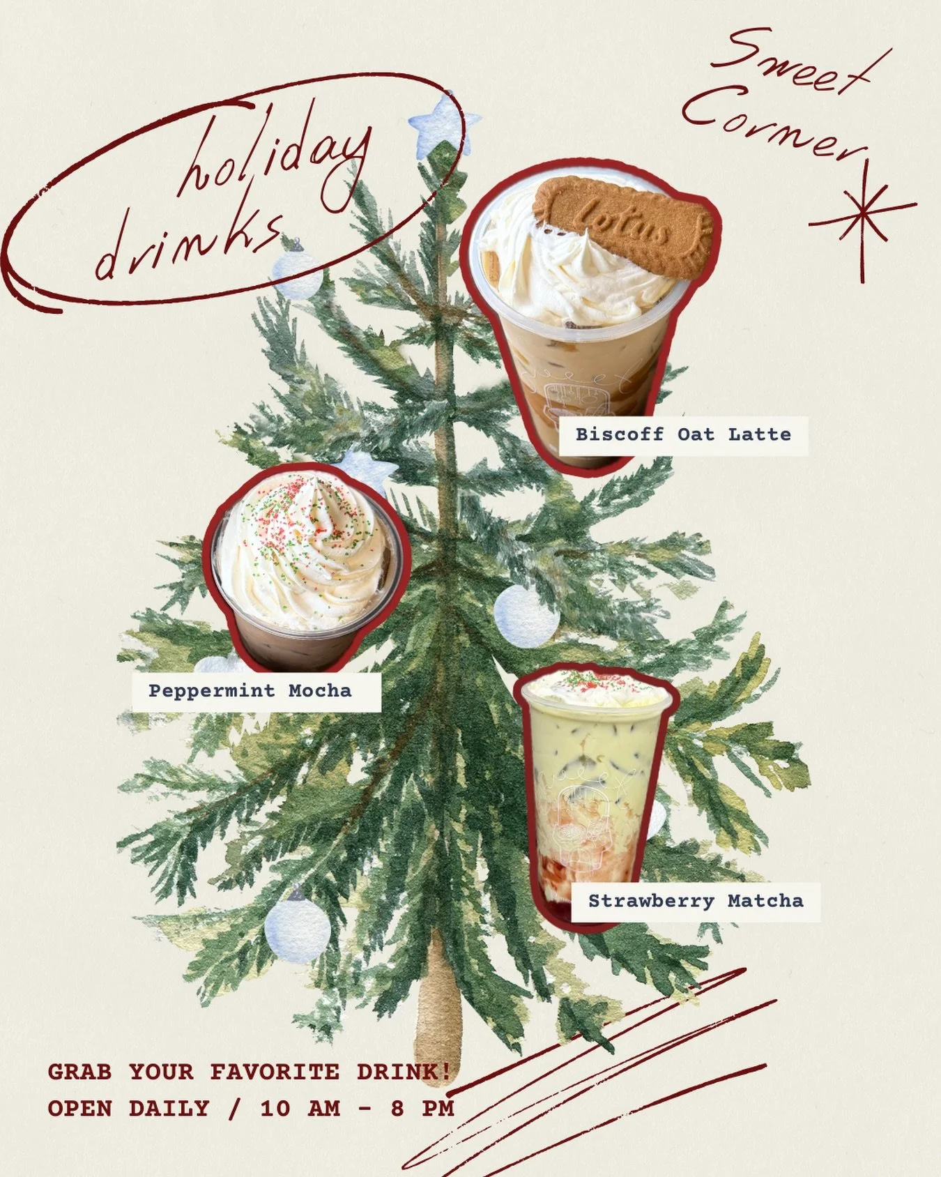 ✨ Come sip the holidays with us! ✨
Try our Biscoff Oat Latte, Peppermint Mocha, or Strawberry Matcha today.