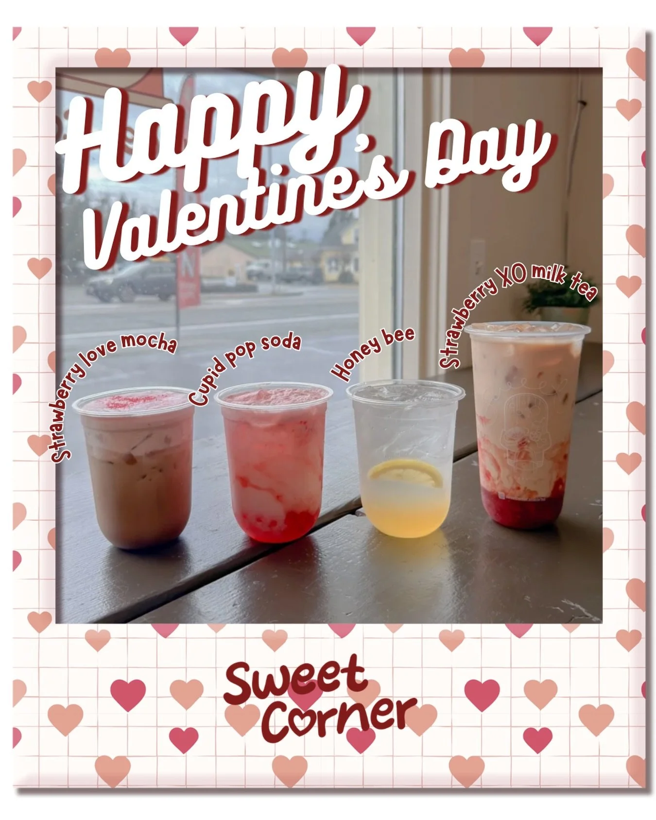 Love is in the cup 💖
Celebrate Valentine&rsquo;s Day with our limited drinks:
🍓 Strawberry Love Mocha
💘 Cupid Pop Soda
🍯 Honey Bee
🥛 Strawberry XO Milk Tea
Only at Sweet Corner 💌