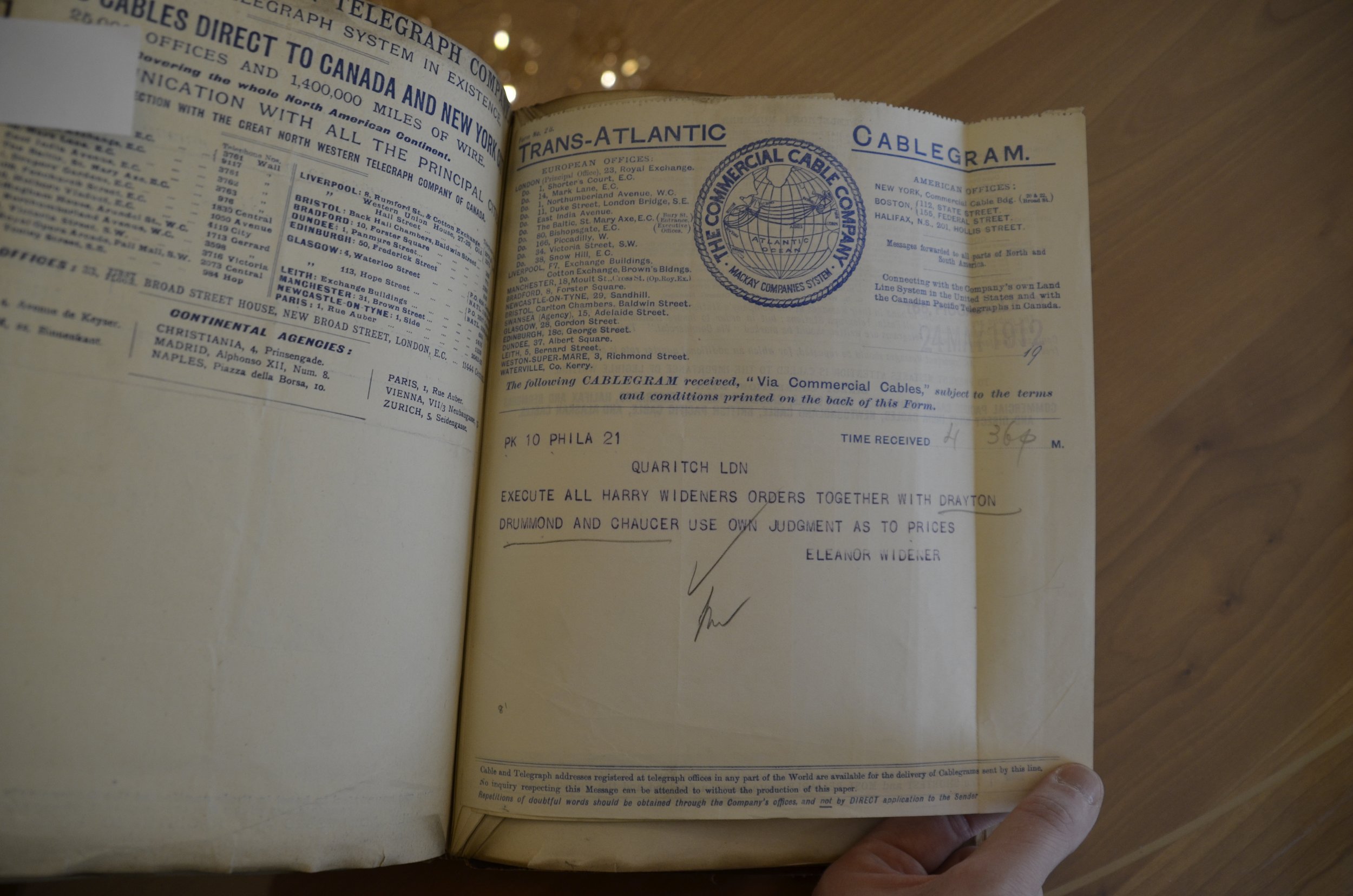 Telegram sent by Eleanor Elkins Widener to Quartich booksellers