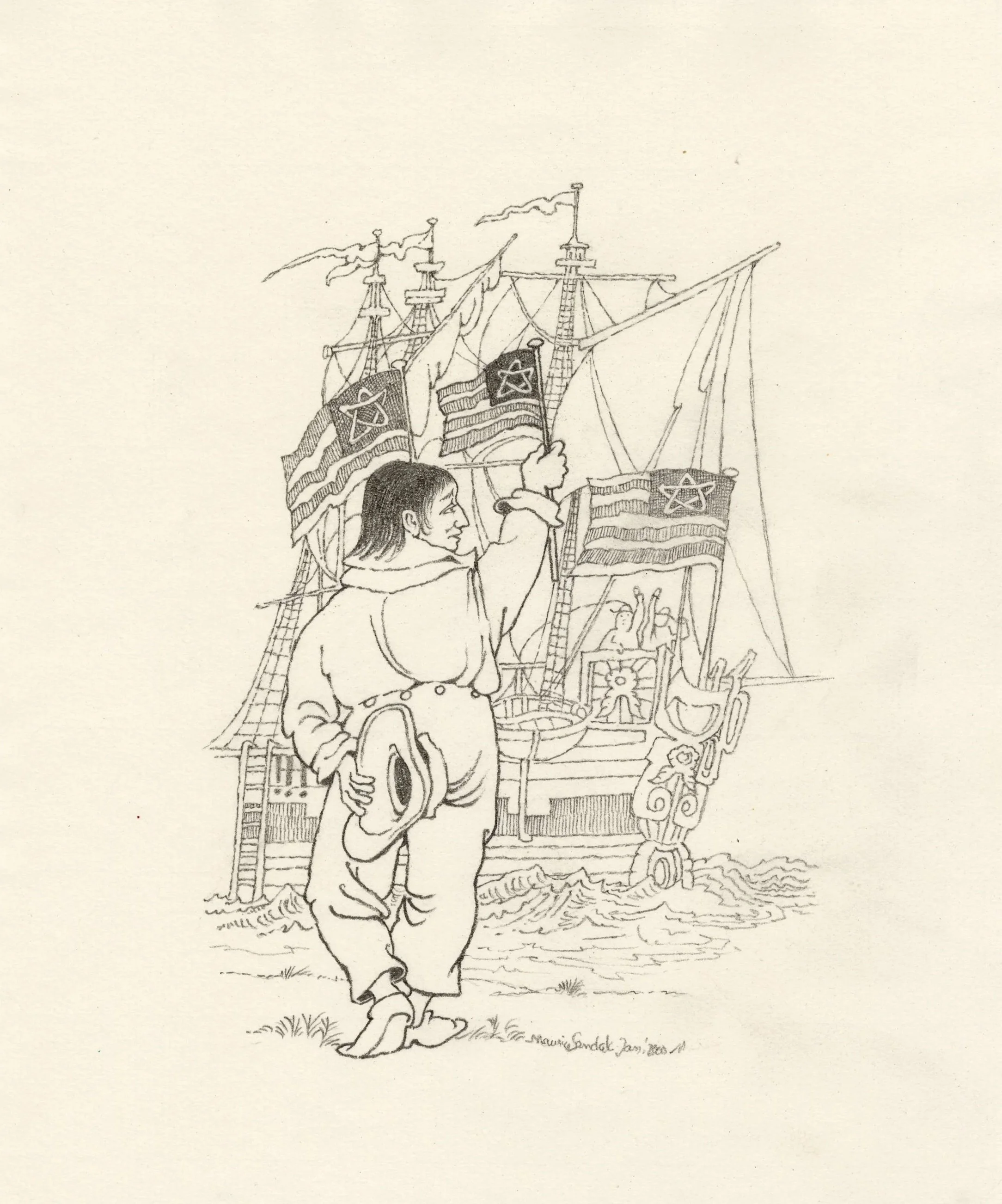  Maurice Sendak (1928-2012), illustration of Nakahama Manjirō for the musical,  The Adventures of Manjiro . Pencil drawing on paper. 2000. Rosenbach Museum &amp; Library, 2021.0006 