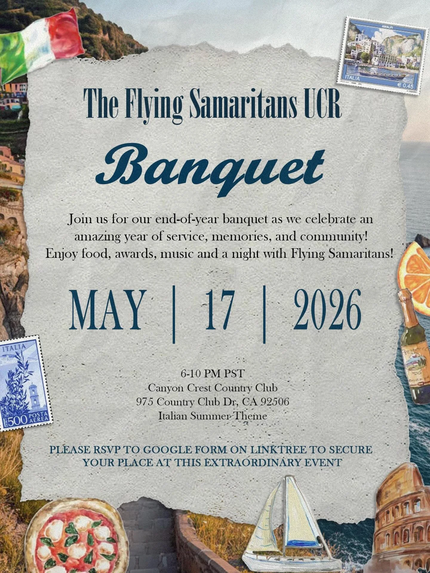 It&rsquo;s an Italian Summer 🇮🇹

Join Flying Sams at our End of Year Banquet! Featuring fun, awards, position reveals, and great food 🍝👀

Look for the updated RSVP form for information such as dress codes and pricing, as well as how to sign up. T