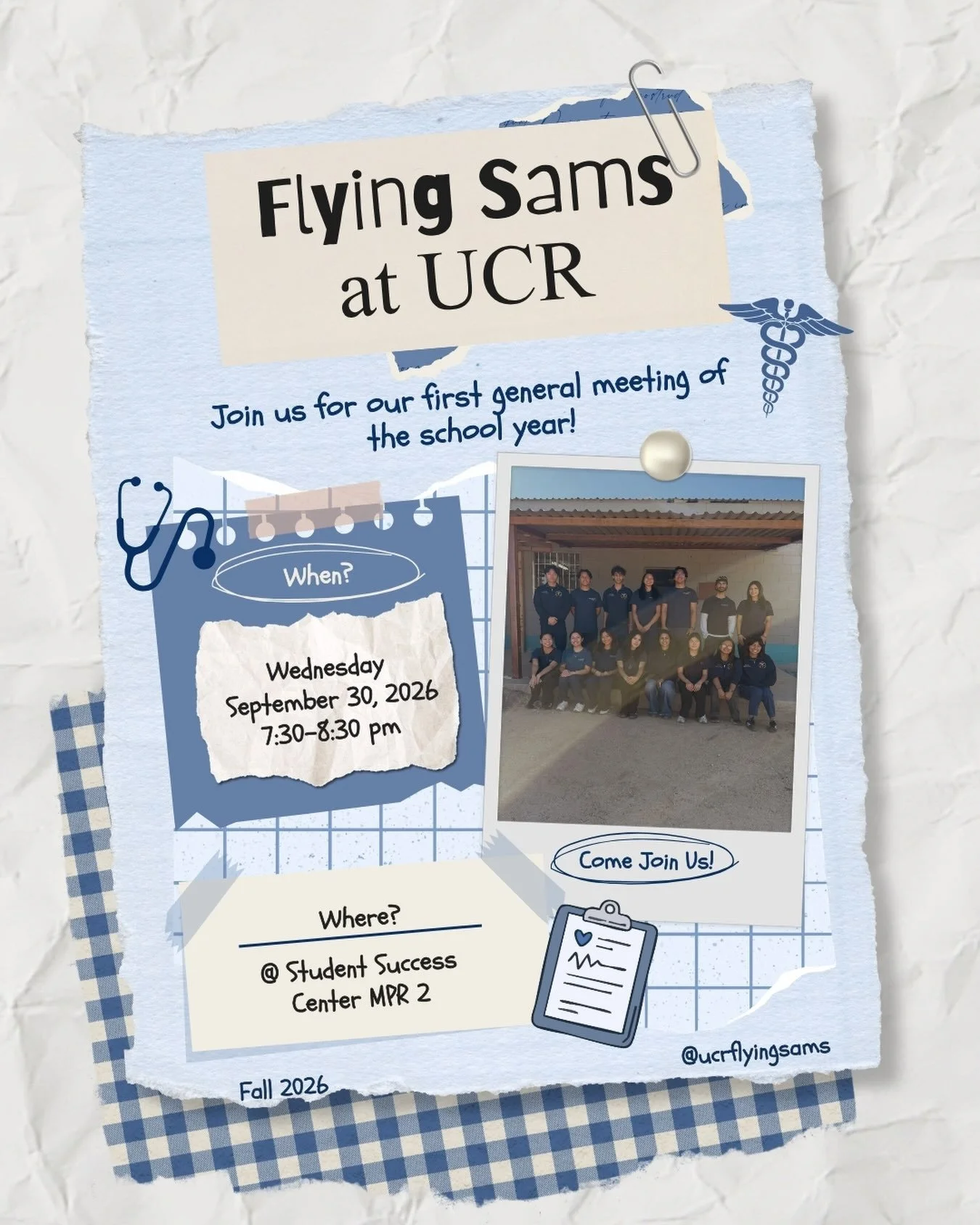 Come join The Flying Samaritans at our First General Meeting of the year! ✧*:･ﾟ

🗓️When: Wednesday, September 30th
⏰Time: 7:30 - 8:30PM
📍Where: SSC MPR 2

Welcome back Highlanders! Come to our first general meeting and find out what it&rsquo;s like