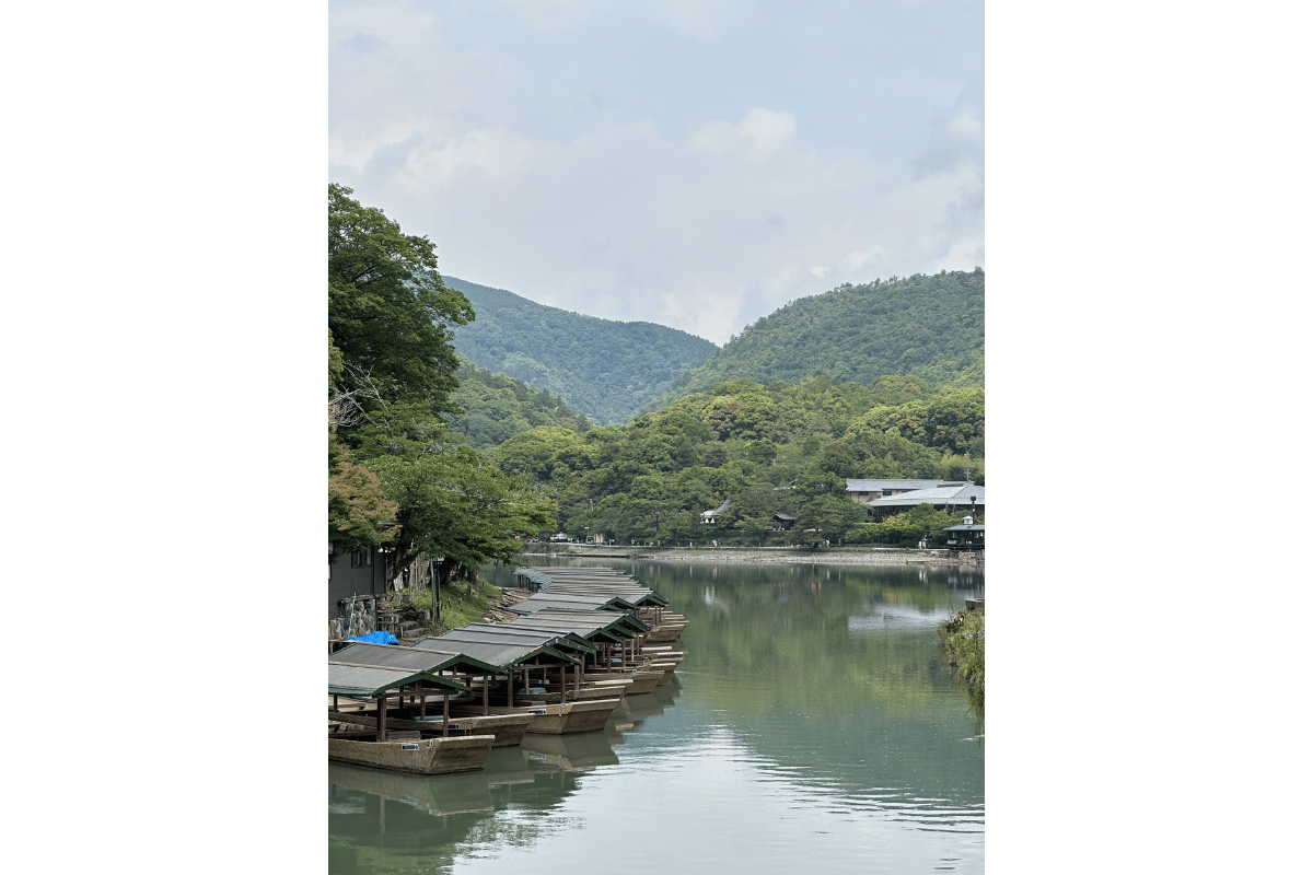 Scenic river landscape in Japan during autumn with colourful foliage along the water in November.