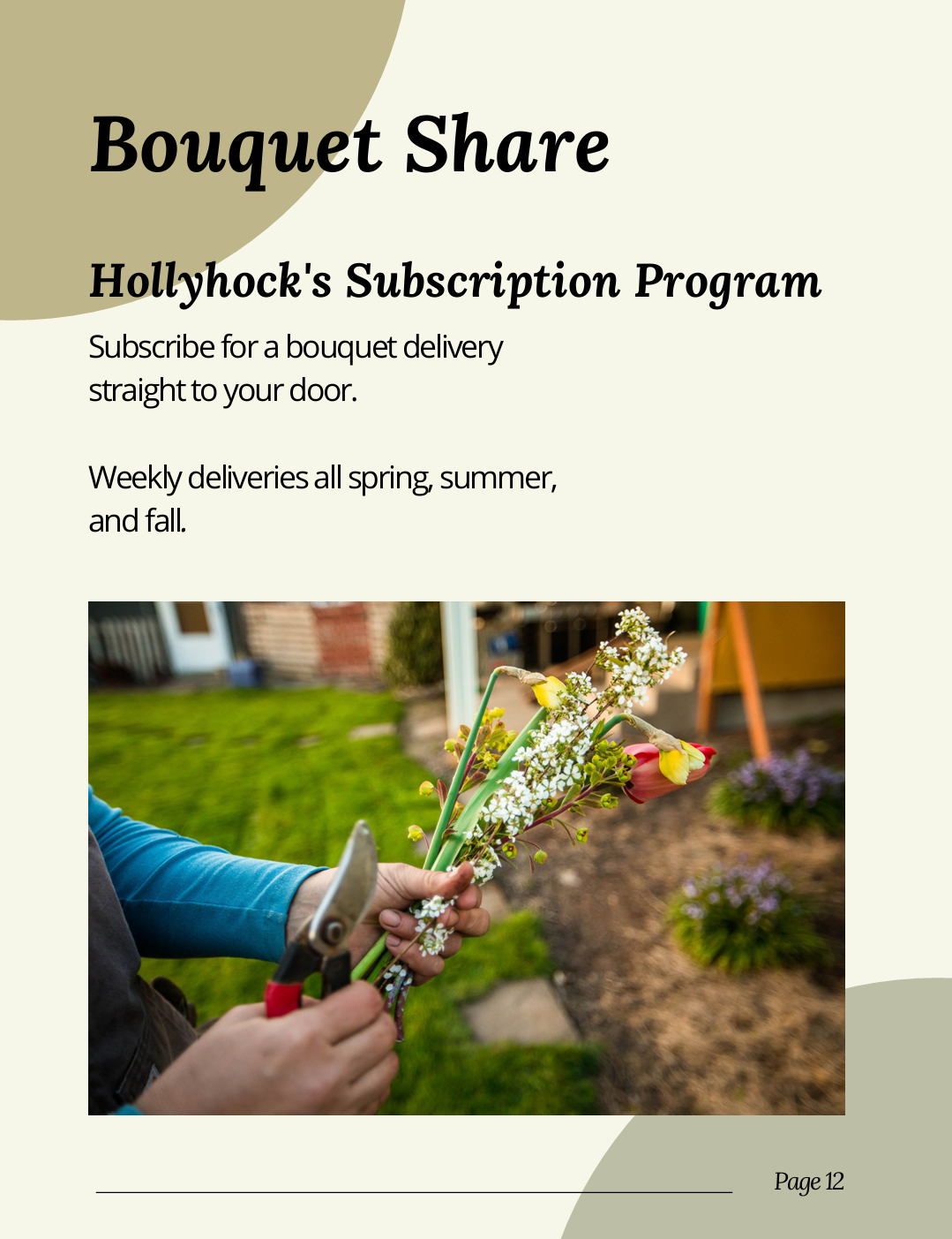 Persona entregando un ramo de flores, principalmente tulipanes y flores blancas, en un jardín con césped y plantas en el fondo.