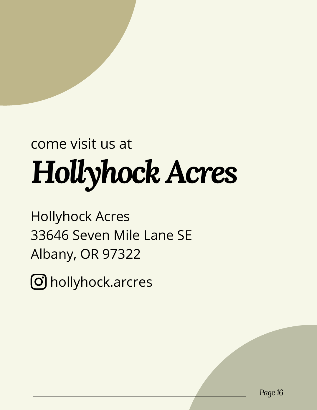 Información de contacto de Hollyhock Acres, incluyendo dirección, nombre y perfil de Instagram