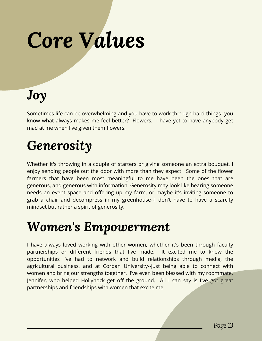 Página de un documento que describe los valores centrales: alegría, generosidad y empoderamiento de las mujeres.