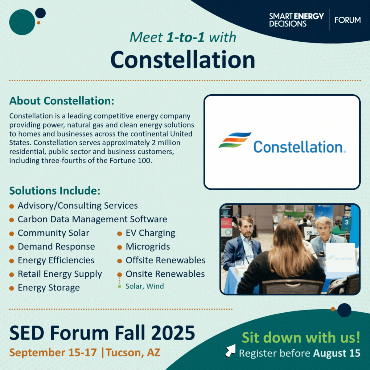 A promotional flyer for the SED Forum Fall 2025, held September 15-17 in Tucson, Arizona, featuring a presentation about Constellation, a competitive energy company specializing in power, natural gas, and clean energy solutions. The flyer includes their logo, a description of their services, and a photo of a group discussion at a conference.