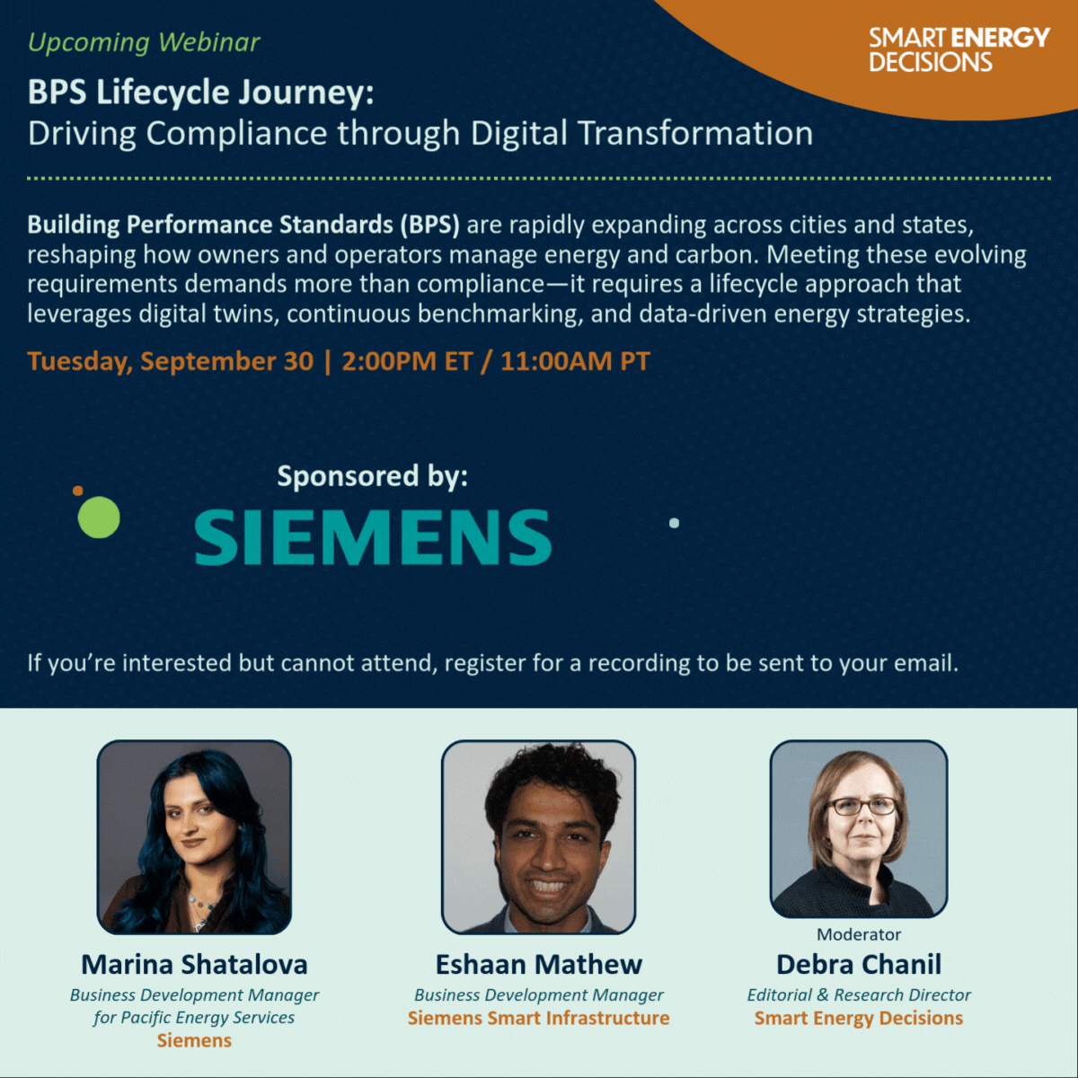 Webinar announcement poster titled 'BPS Lifecycle Journey: Driving Compliance through Digital Transformation' sponsored by Siemens, scheduled for Tuesday, September 30 at 2:00 PM ET / 11:00 AM PT, featuring speakers Marina Shatalova, Eshaan Mathew, and moderator Debra Chanin.