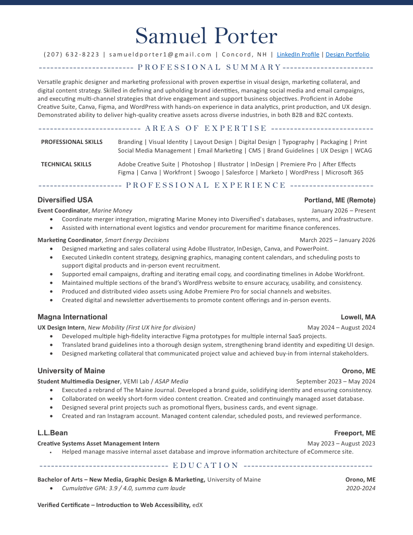 Professional resume for Samuel Porter displaying contact information, skills, experience, education, and a portfolio link.