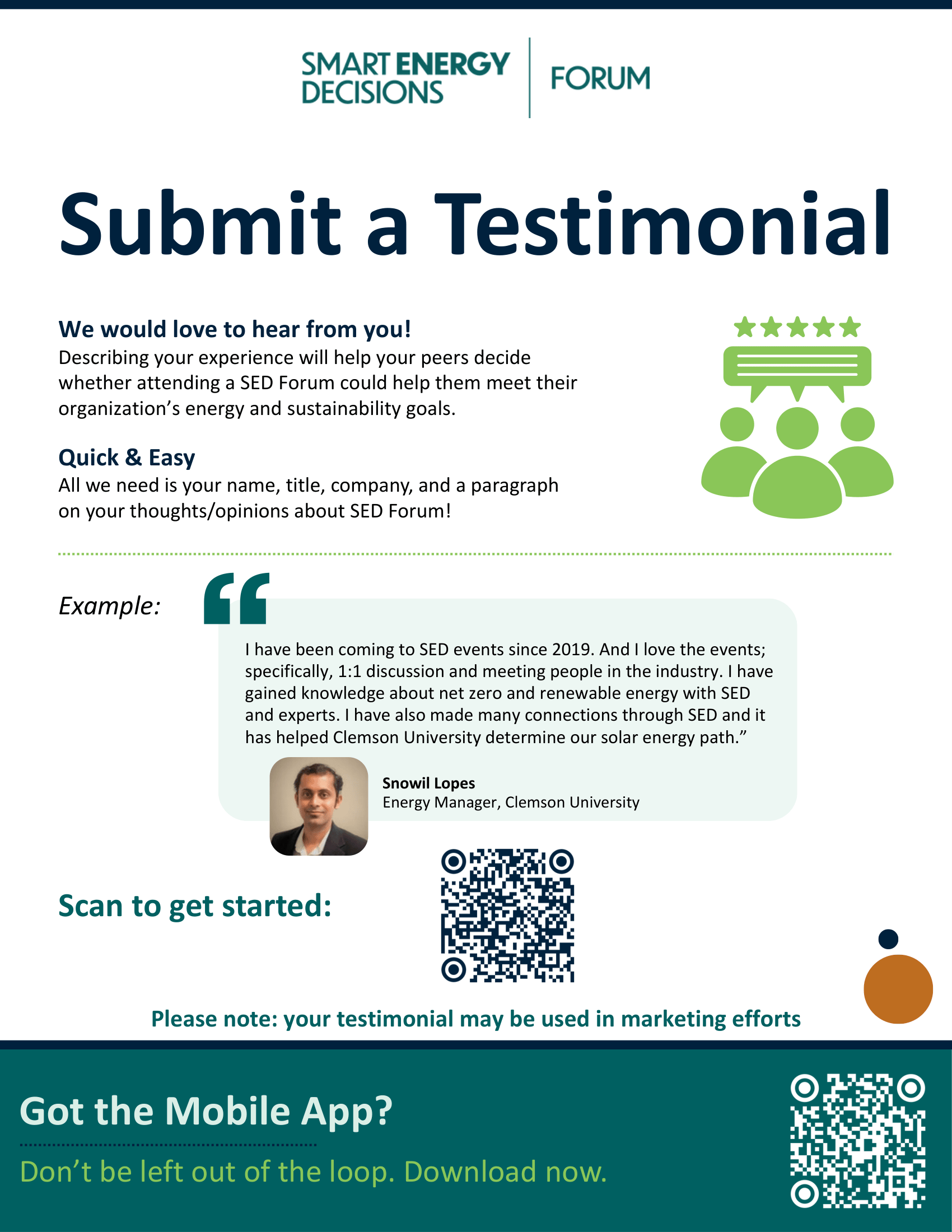 A digital poster or flyer titled 'Submit a Testimonial' for the Smart Energy Decisions forum. It invites users to share their experiences to help others decide on attending the event. The flyer includes an example testimonial from Snowil Lopes, Energy Manager at Clemson University, with his photo. It features QR codes for starting the testimonial submission and downloading a mobile app, along with notes about marketing usage.