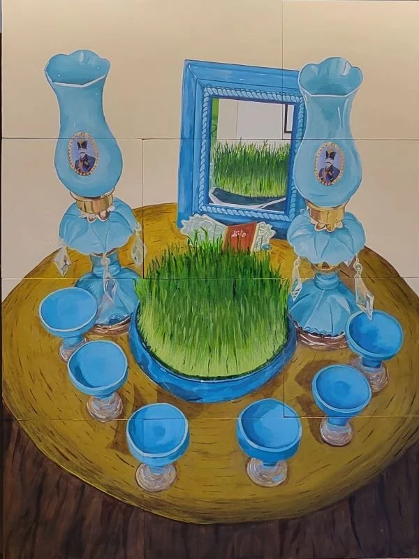 Haft Seen, But Only A Seen Today! | Acrylic & collage on wood panels, (four 6' x 12' & four 6' x 6') 24' x 18' | 2024