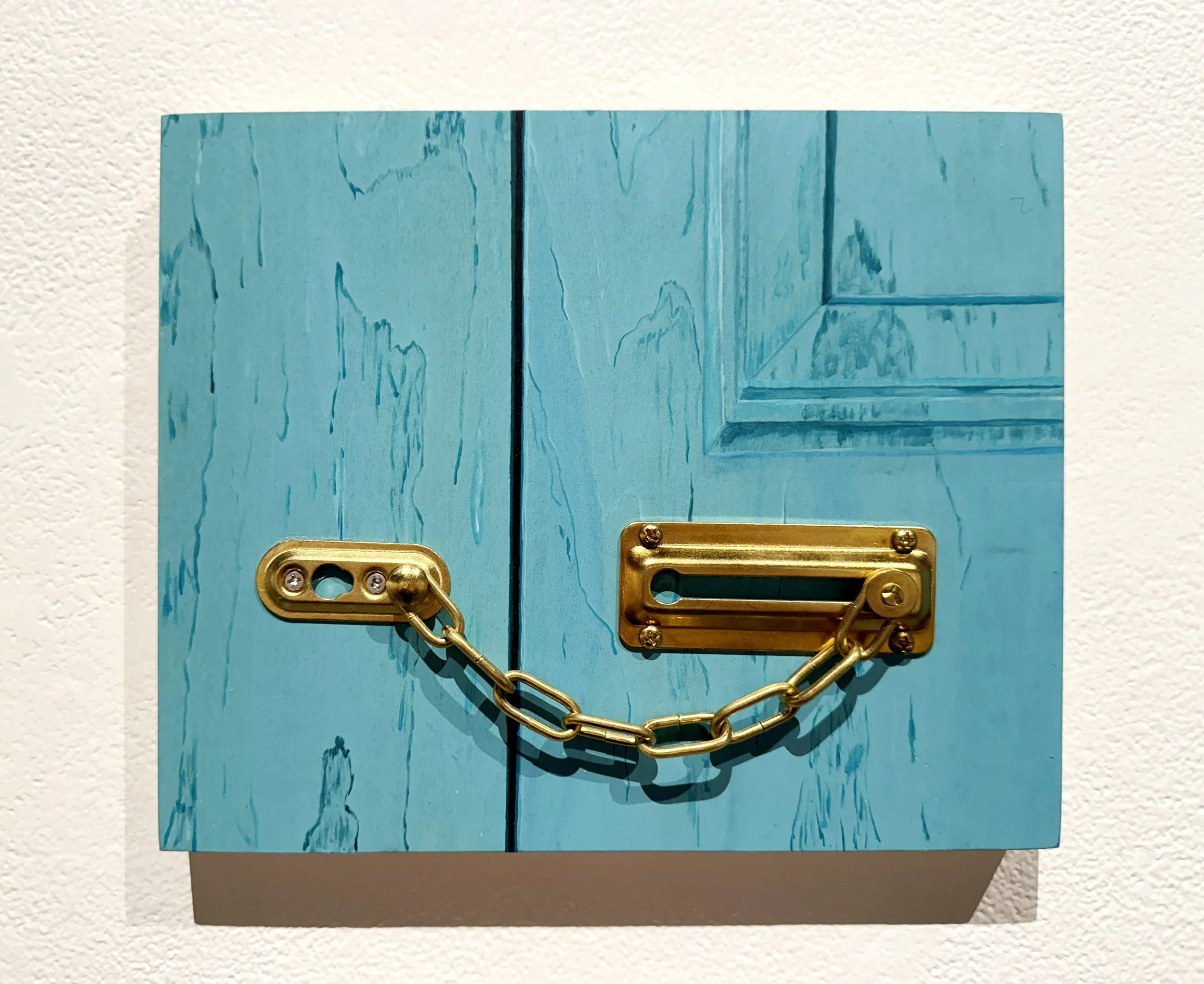 Behind the Closed Door - پشت در بسته | Acrylic & brass security door chain guard on wood panel, 8' x 10' | 2024
