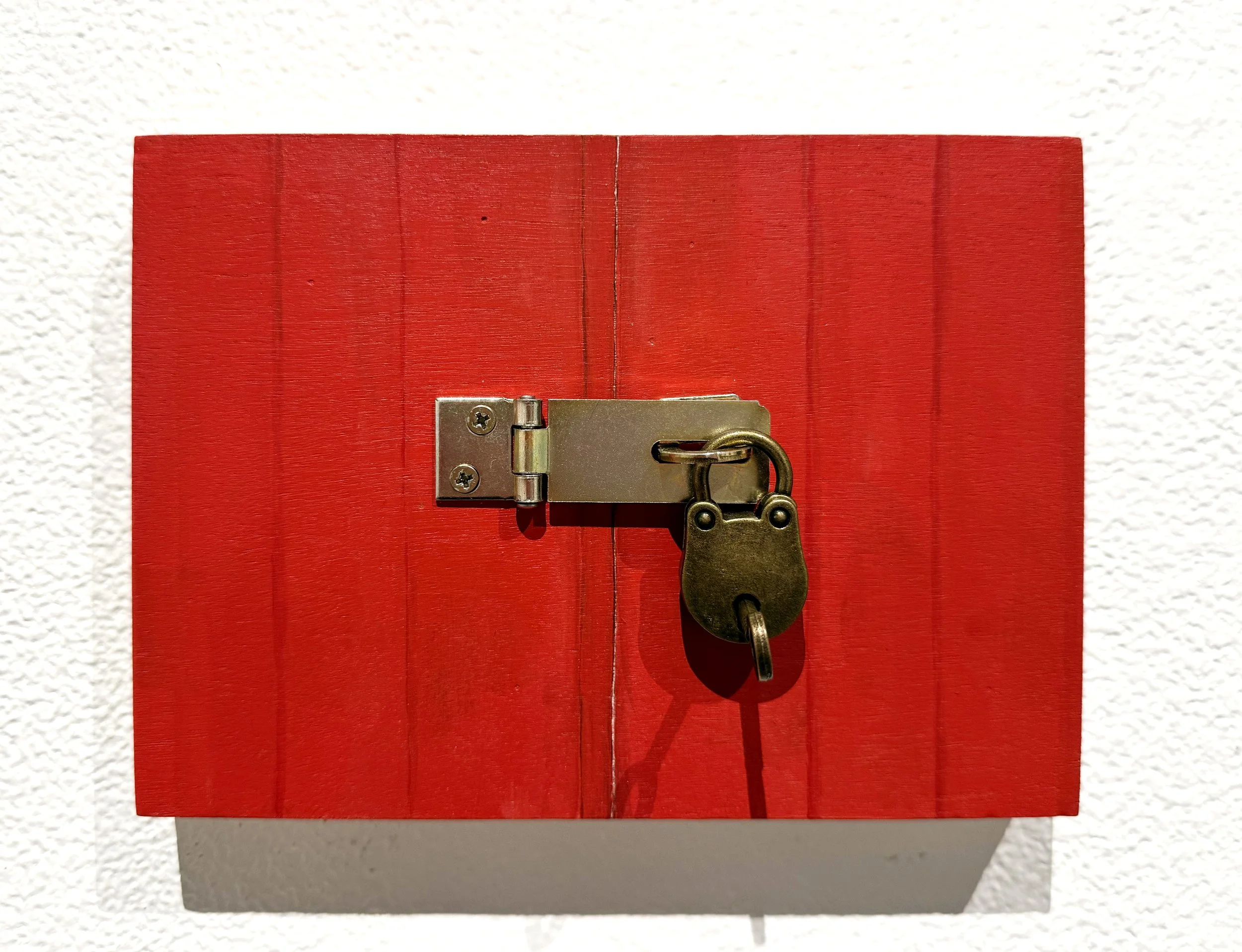 Lockee | Acrylic & semi mini vintage mini padlock on wood panel, 5' x 7' | 2024