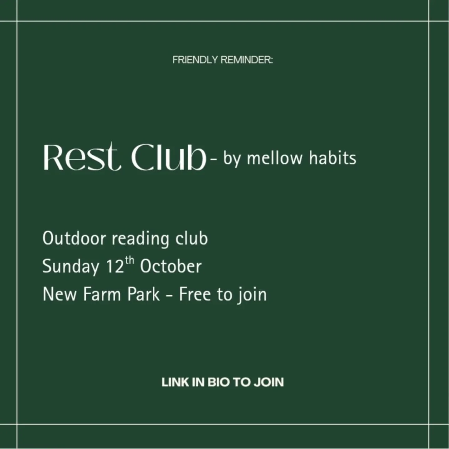Mellow habits x Rest Club

We meet at&nbsp;New Farm Park in Brisbane&nbsp;for an outdoor reading and picnic-style rest session. Imagine a Sunday afternoon spent lying on the grass, reading your favourite book, surrounded by others doing the same. No 