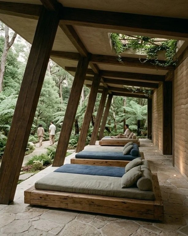 Rammed earth columns provide structural support, demonstrating holistic integration between a controlled indoor climate and an authentic, high-value nature immersion.
