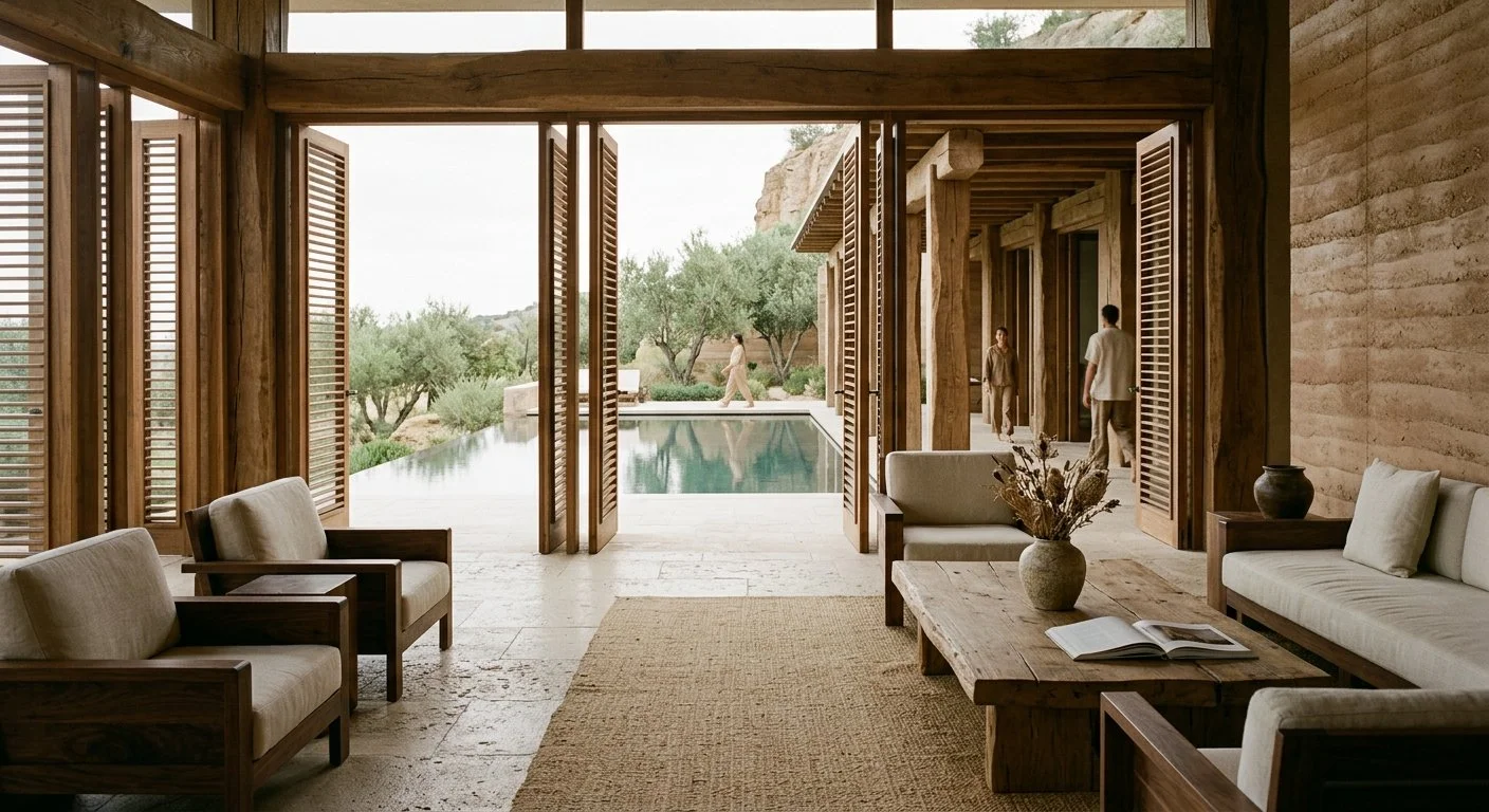 Architectural photograph of an ultra-luxury biophilic bedroom suite built as a glass-enclosed atrium, where massive, integrated tree ferns and a dense temperate forest canopy form the primary walls and ceiling structure.