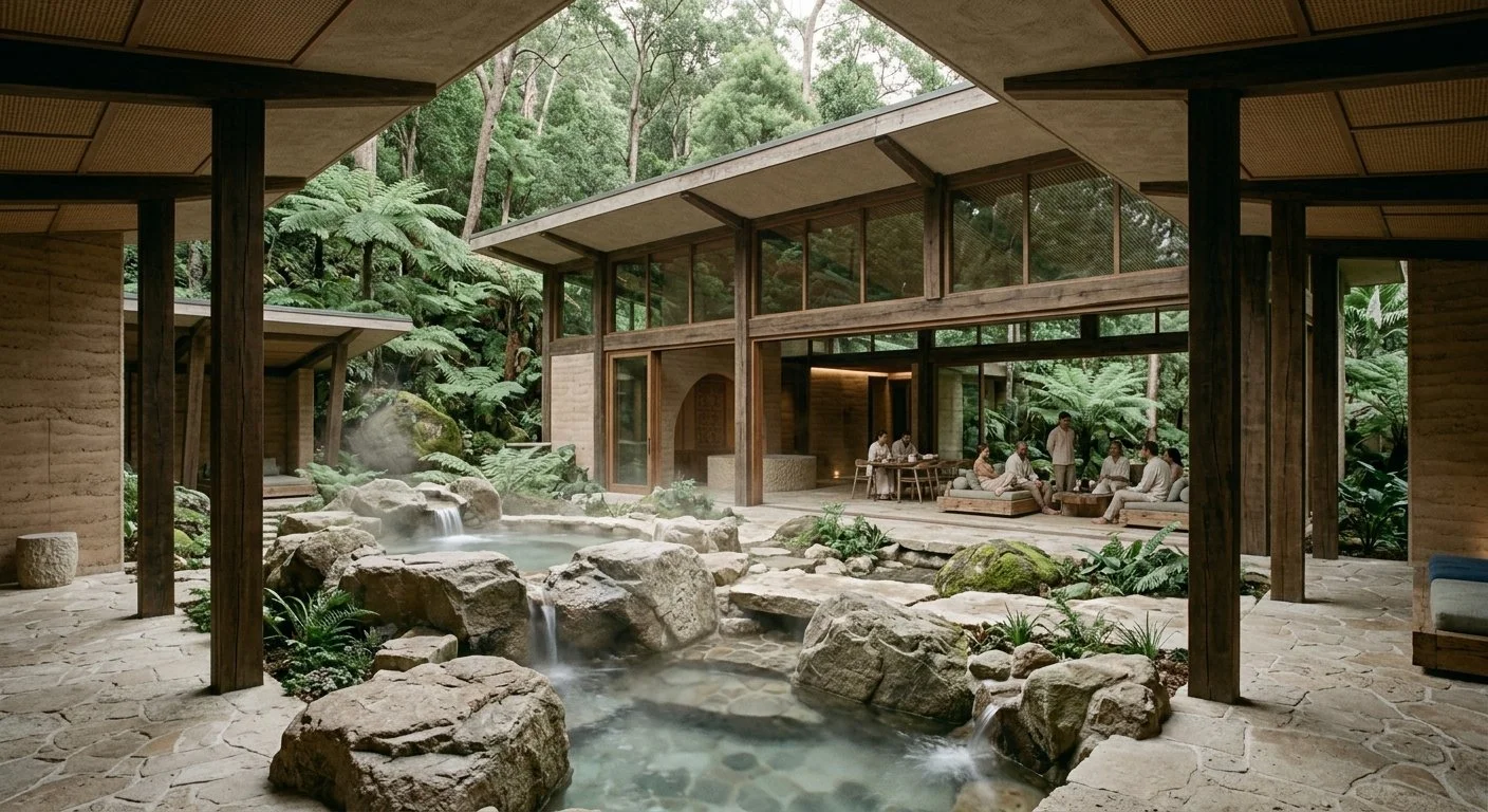hole-property sensory architecture integrating rammed earth thermal mass, hydro-acoustic water dynamics, and biophilic open-air pavilions.
