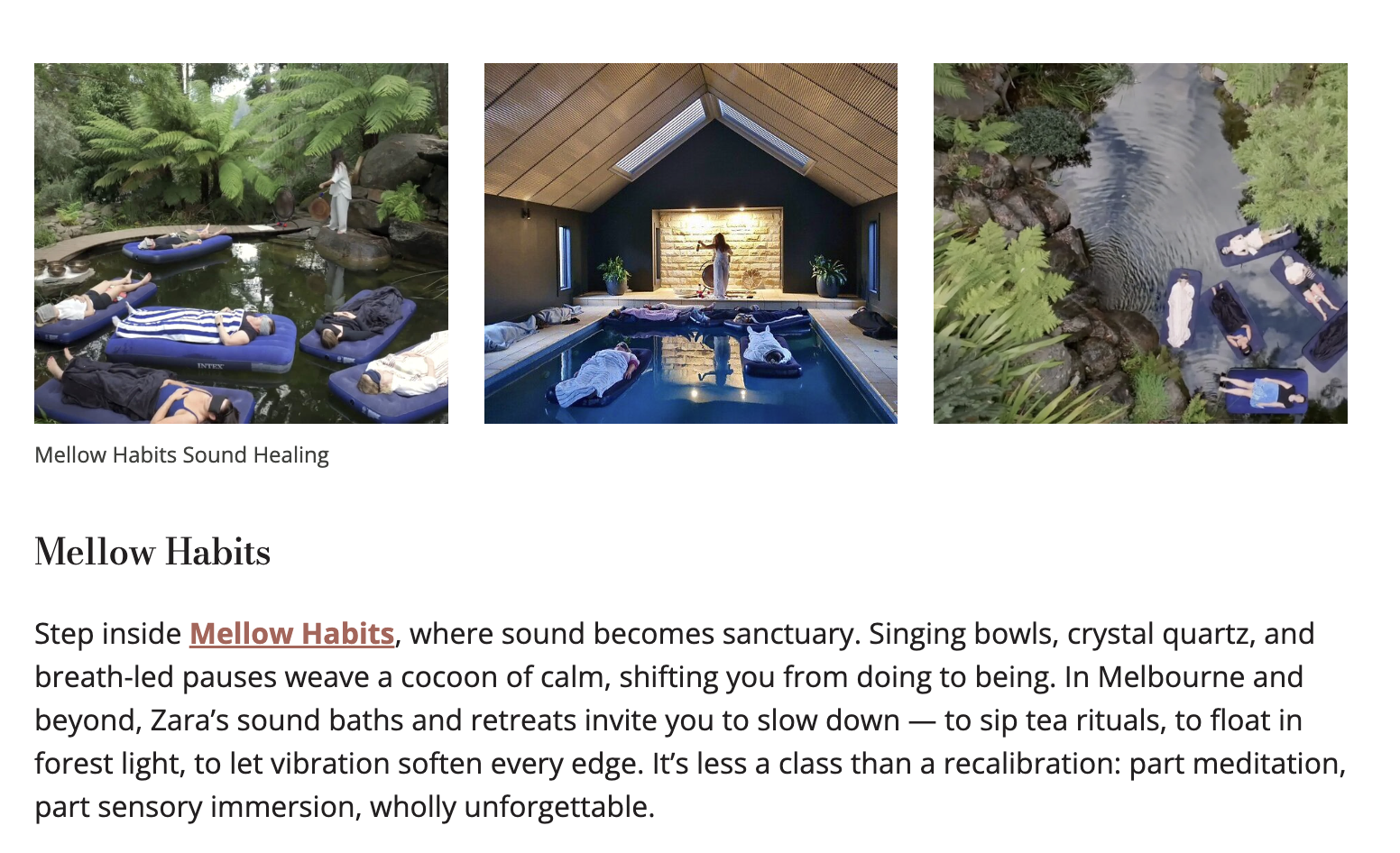 Three side-by-side photos of people relaxing in tranquil settings. The first photo shows individuals floating on blue mattresses in a peaceful pond surrounded by lush greenery.