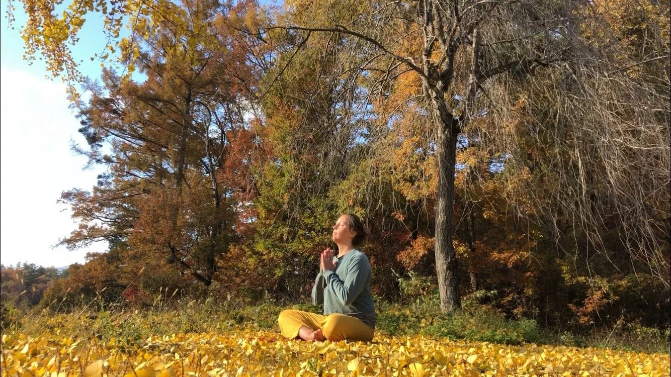 woman yogi meditating in the autumn leaves in Japan