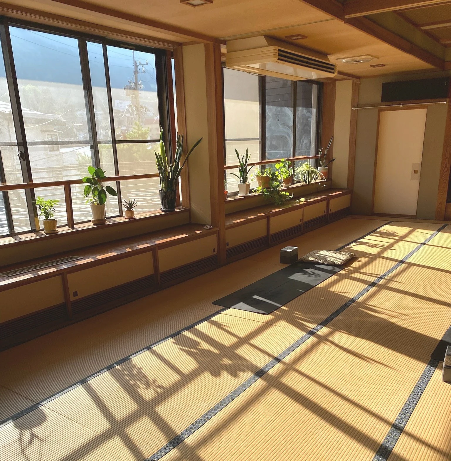 sunlight coming through the windows at the Shizen Yoga Studio based in Nozawa Onsen, Nagano, Japan