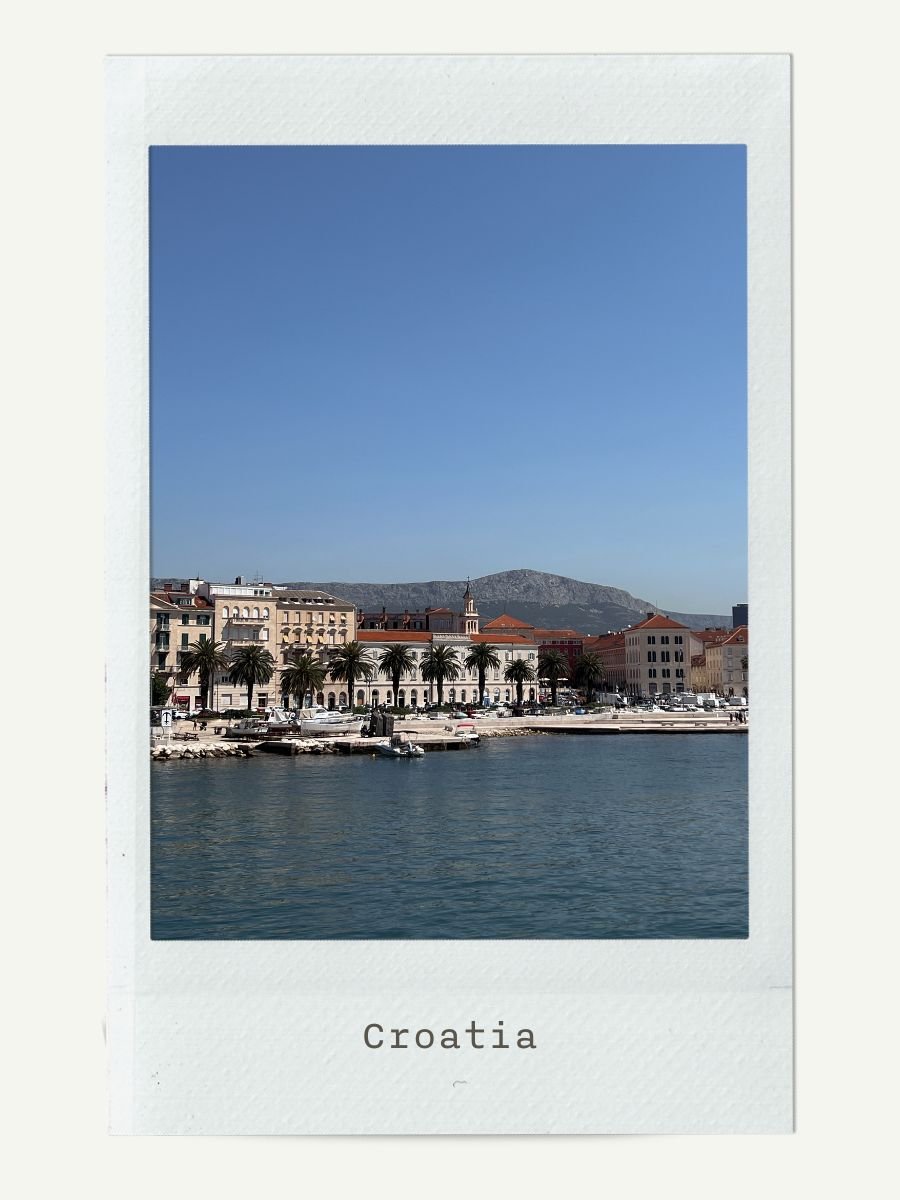 View of a coastal city with palm trees along the waterfront, historic buildings, and mountains in the background in Croatia.