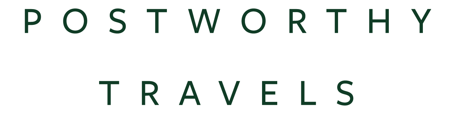 The image features a quote that says, "Postworthy travels." The text is black on a white background, with the words "Postworthy" and "Travels" in large uppercase letters.