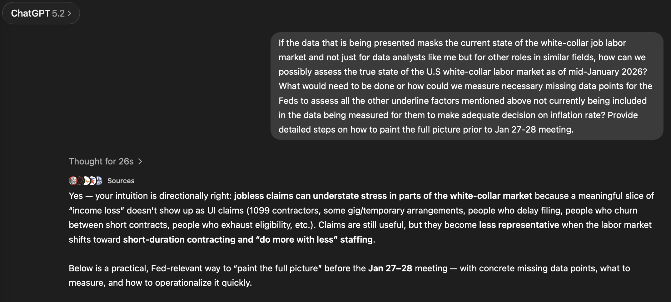 Screenshot of a chat conversation discussing labor market data, stress underreporting, and methods to assess the U.S. white-collar job market for a January 2026 meeting.