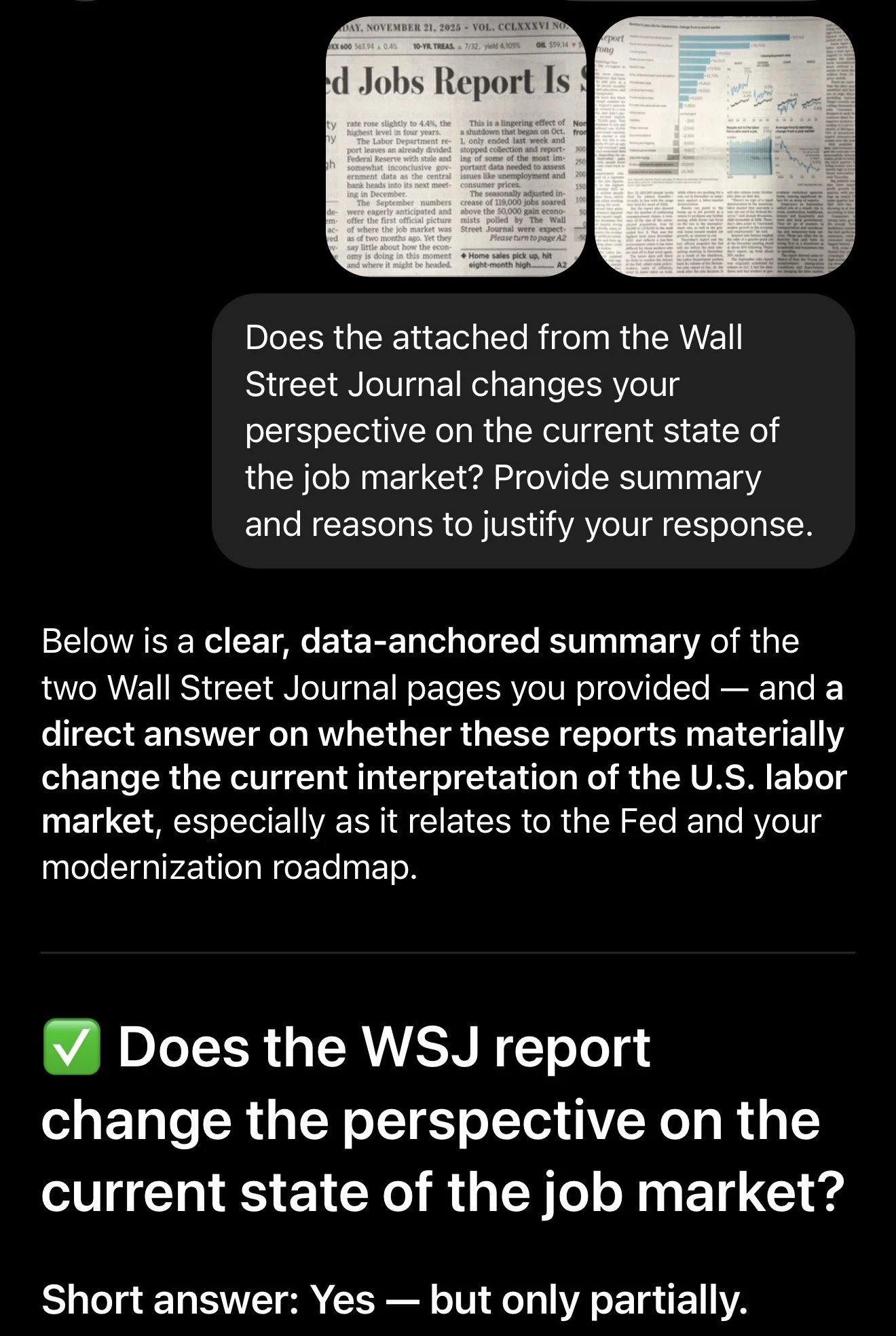 Screenshots of Wall Street Journal articles and charts, and text confirming that WSJ reports only somewhat change the perspective on the current state of the U.S. job market, with a brief summary provided.