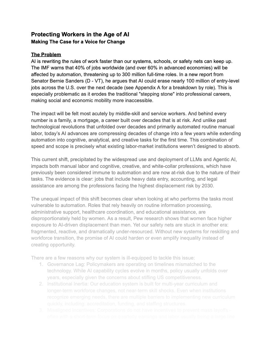 A research paper by a Harvard Business School MBA candidate titled 'Protecting Workers in the Age of AI' discusses the impact of AI on jobs, particularly middle-skill and service workers, and the need for governance and policy changes.