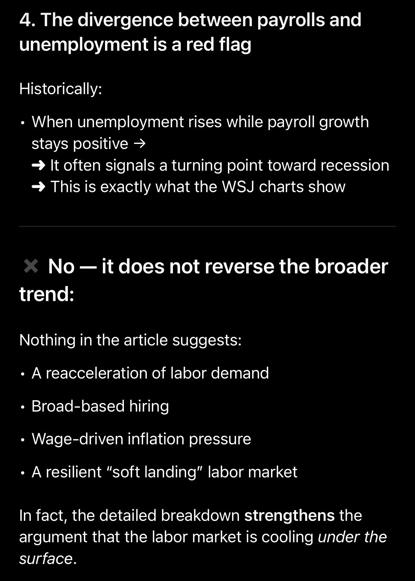 A screenshot of a text-based article explaining that a rising divergence between payrolls and unemployment rates is a red flag signaling a possible recession, with historical context and analysis emphasizing that this does not signal a broader trend or soft landing in the labor market.