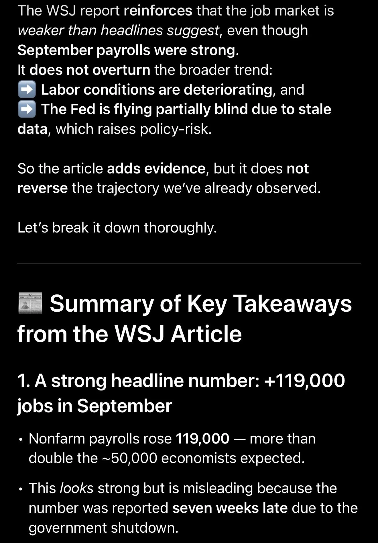 A screenshot of a text article discussing the employment report, highlighting stronger September payrolls despite weaker job market headlines, with bullet points summarizing key points about job numbers and economic indicators.