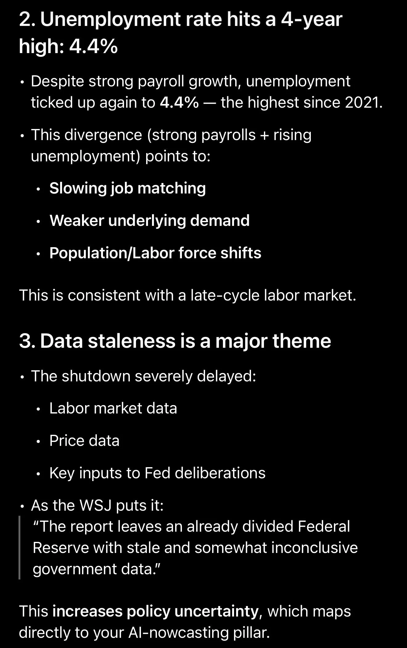 Screenshot of a document discussing the current unemployment rate at 4.4%, data staleness as a major theme, and its impact on policy uncertainty.