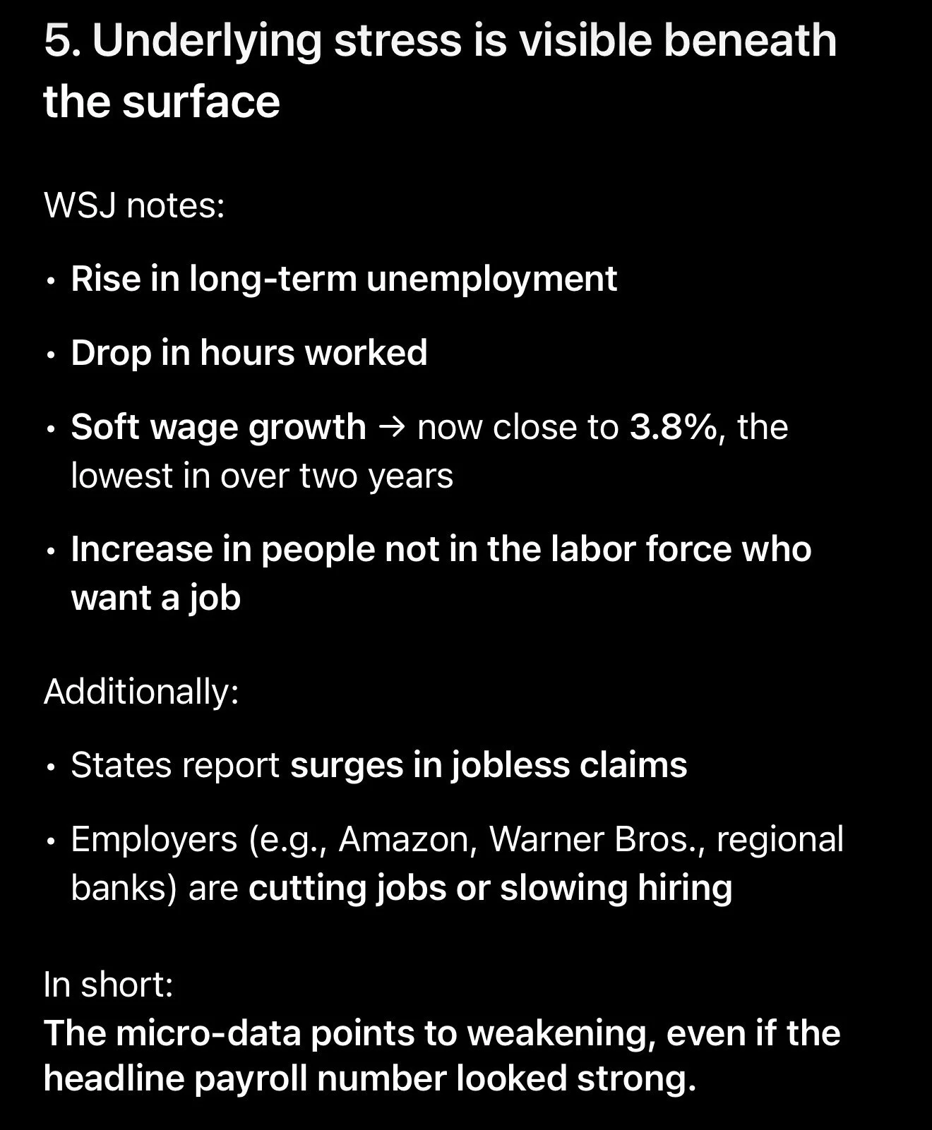 Text-based infographic about underlying stress visible beneath the surface, with notes on rising long-term unemployment, decreasing hours worked, slow wage growth, increase in people not wanting jobs, surges in jobless claims, and job cuts by employers, indicating economic weakening.