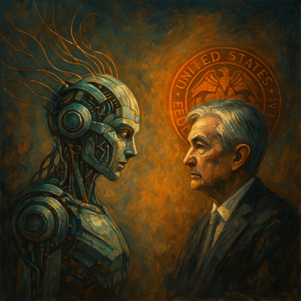 A painting depicts a face-to-face confrontation between a humanoid robot with wires and mechanical parts and an older man in a suit, against a background featuring the United States Federal Emergency Management Agency (FEMA) seal.