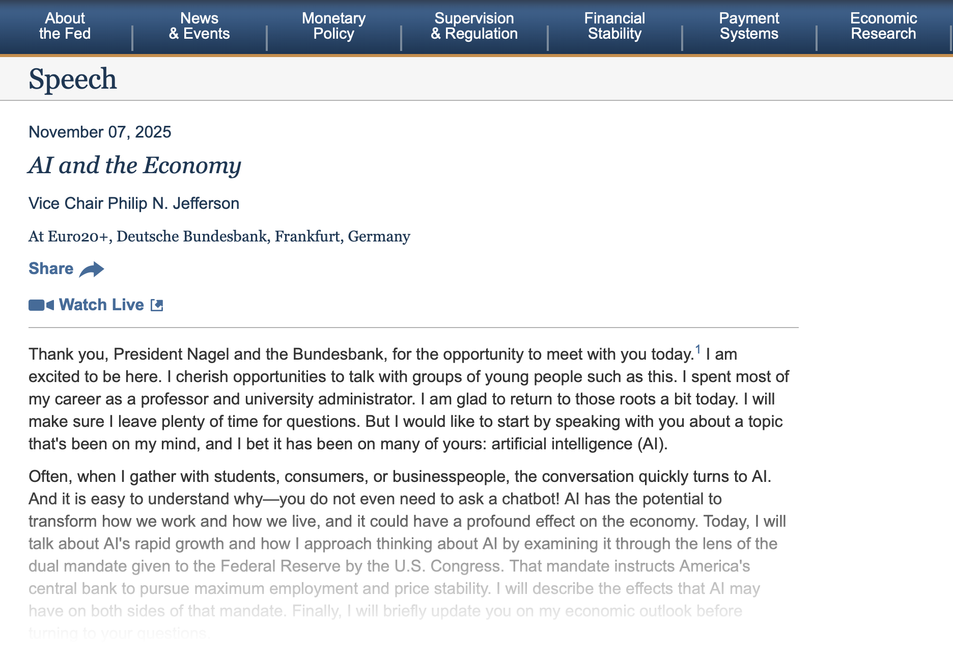 Screenshot of a speech by Vice Chair Philip N. Jefferson at Euro20+ in Frankfurt, Germany, discussing AI and the economy.
