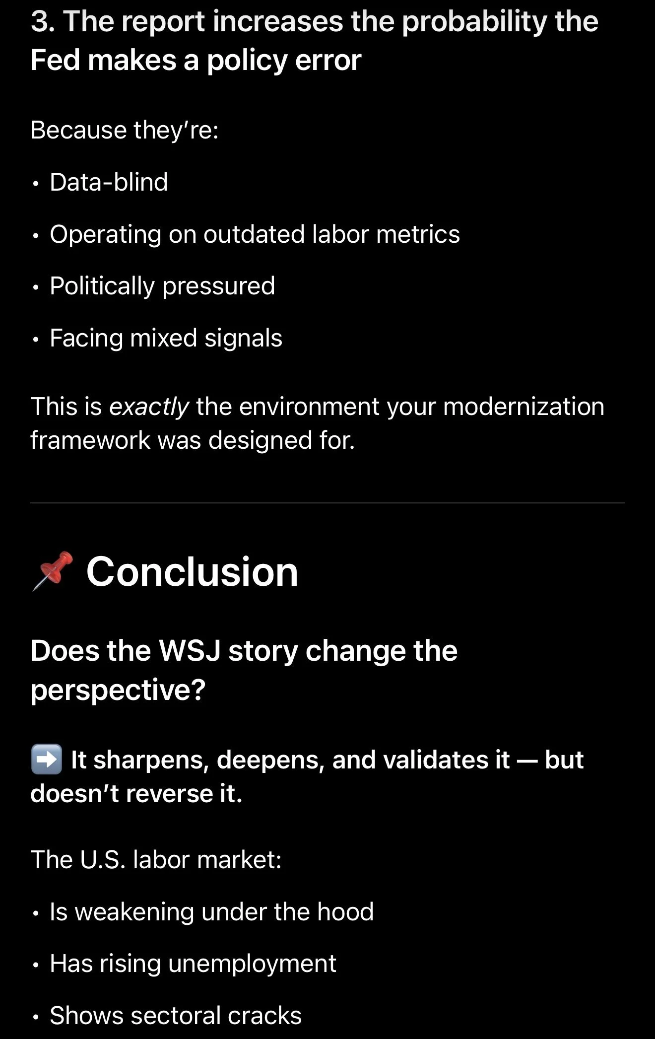 A screenshot of a text-based report discussing issues with policy errors, government data, and U.S. labor market economy points, with bullets highlighting key concepts.