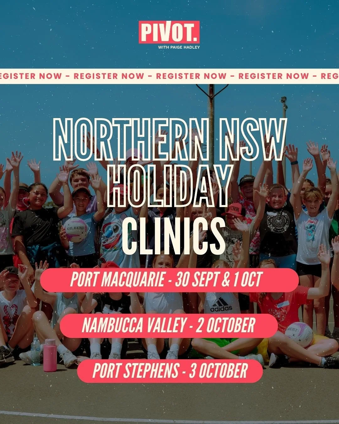 PIVOT October Holiday Clinics Are Here! ✨

We&rsquo;re hitting the road these school holidays with 3 huge clinics across Northern NSW &ndash; and we can&rsquo;t wait to see you on court!

PLUS a big shoutout to @asicsaustralia who&rsquo;ll be providi