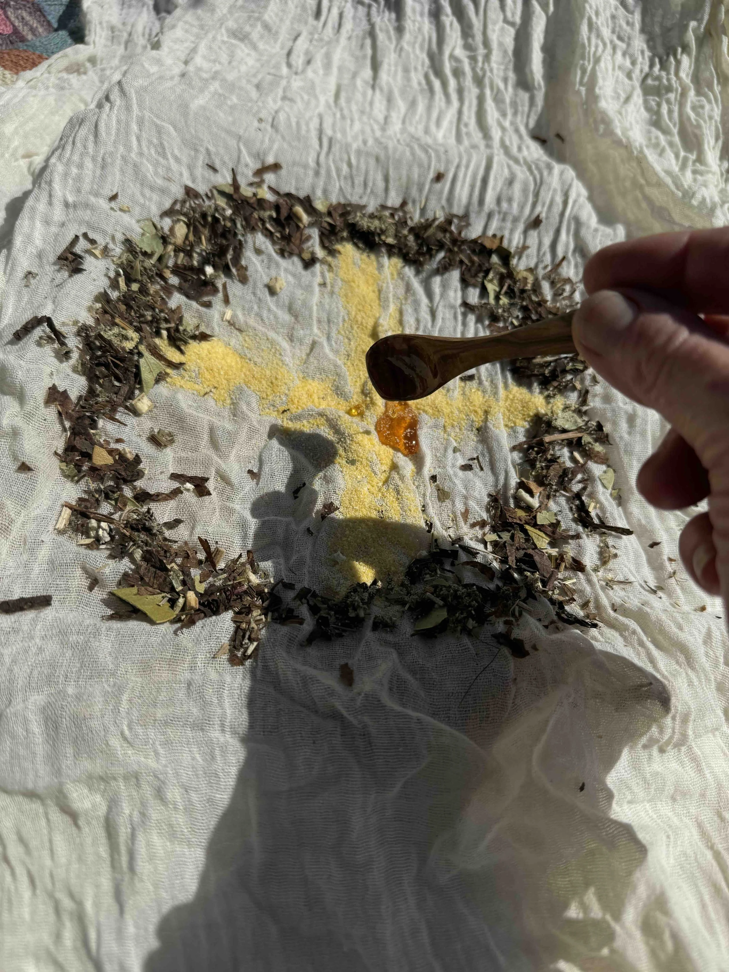6. Staring to add the prayer layers. I am adding honey for Sweetness and connection to Bee Medicine.