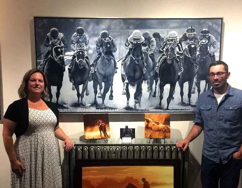Jessica Leonard with photographer  Shawn LaChapelle  and piece “Hold the Line” (Private Collection) which used  Shawn LaChapelle’s  photograph as reference