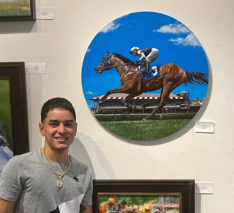 Jockey Eric Cancel with his depiction by Jessica Leonard