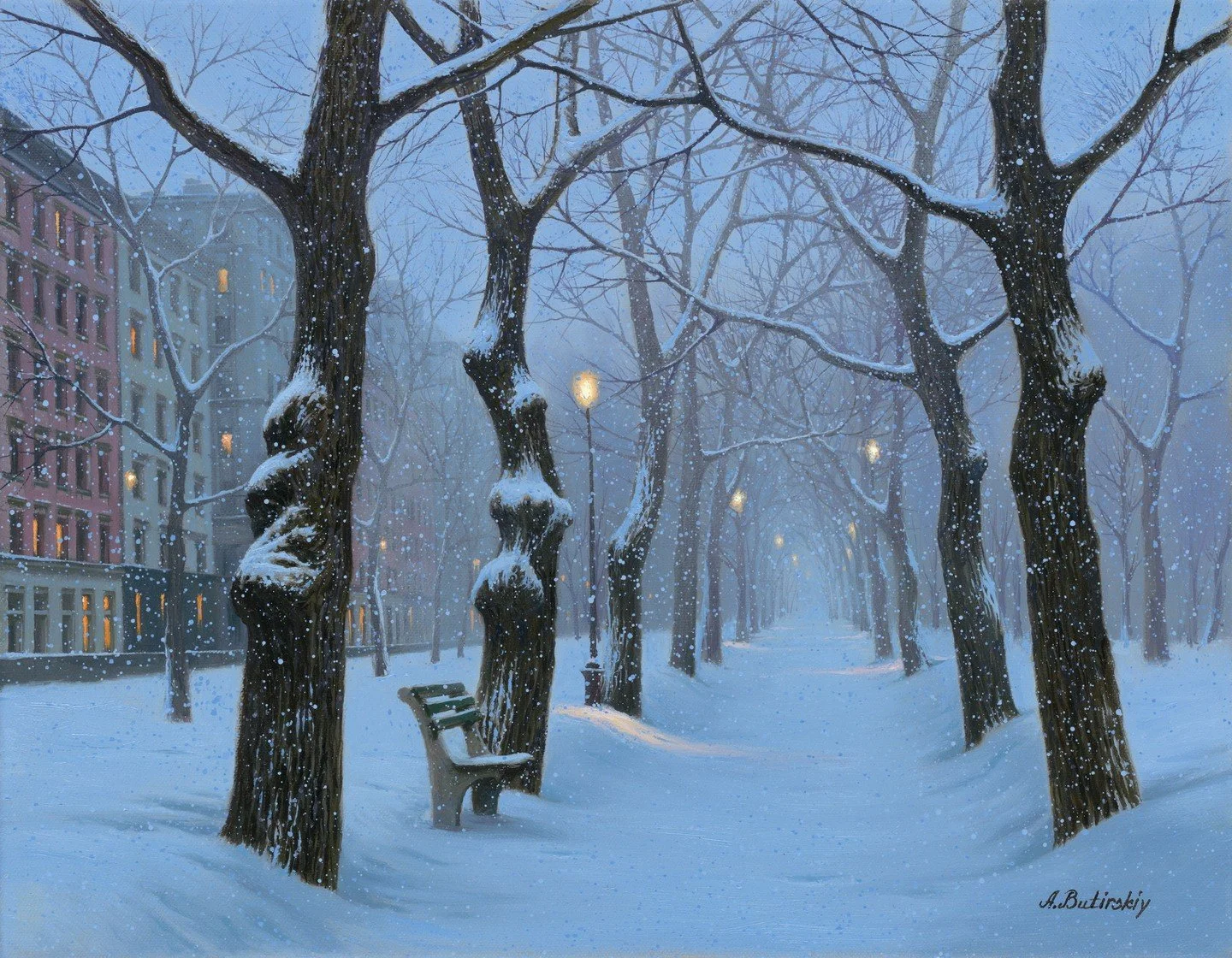 This snowy scene, Winter&rsquo;s Breath, feels perfectly timed for the week we&rsquo;re having. ❄️

Wishing you the happiest birthday and a wonderful year ahead, @alexeibutirskiy.art &mdash; from all of us at SFA Gallery.

Alexei Butirskiy 
Winter&rs