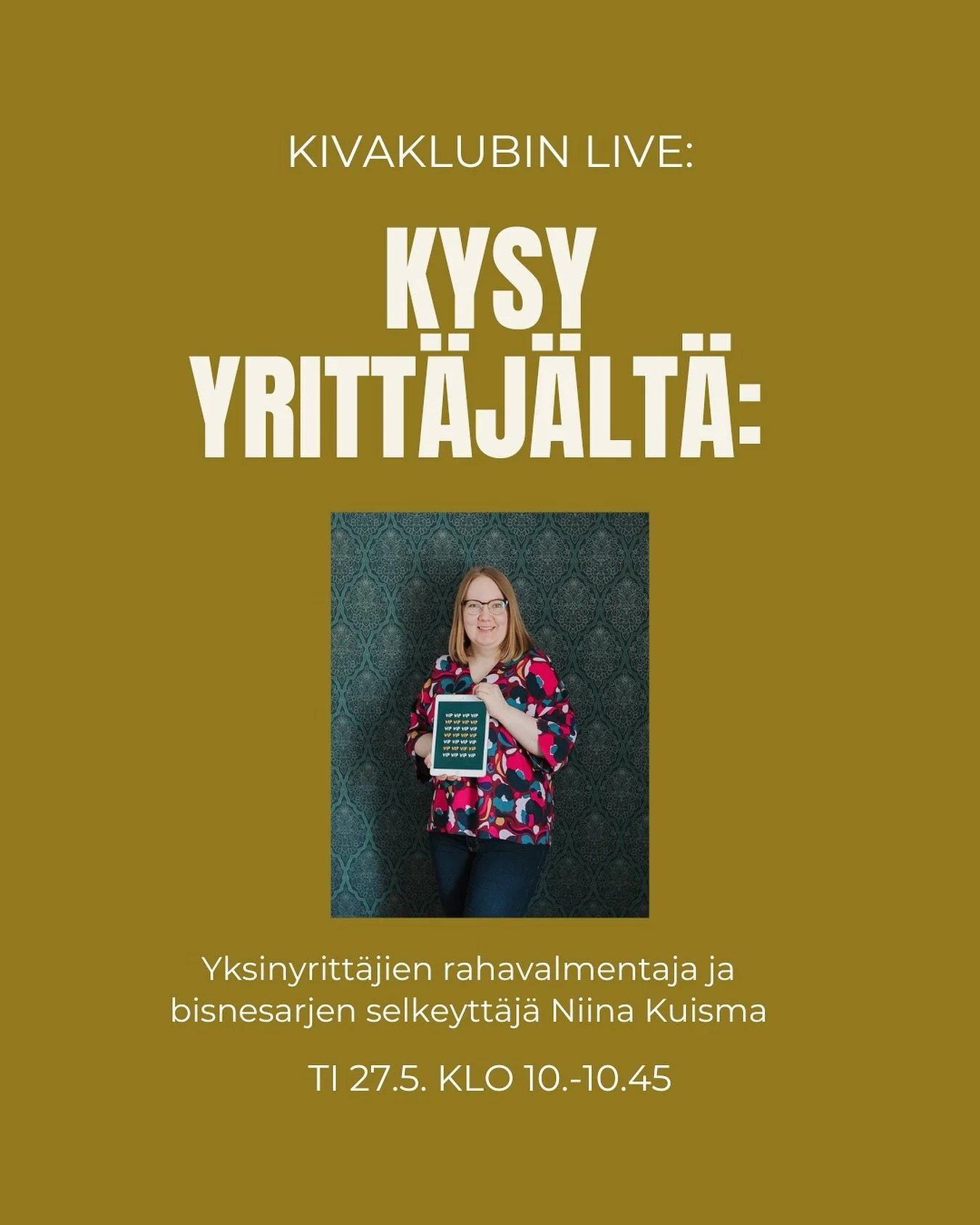 KIVAKLUBISSA on nyt mahdollisuus kysy&auml; eri alojen yritt&auml;jilt&auml;  mit&auml; vain uudessa sarjassa &rsquo;Kysy yritt&auml;j&auml;lt&auml;&rsquo;. 
⠀⠀⠀⠀⠀⠀⠀⠀⠀
Seuraavassa Kysy yritt&auml;j&auml;lt&auml; -sessiossa on huomenna tiistaina 27.5.
