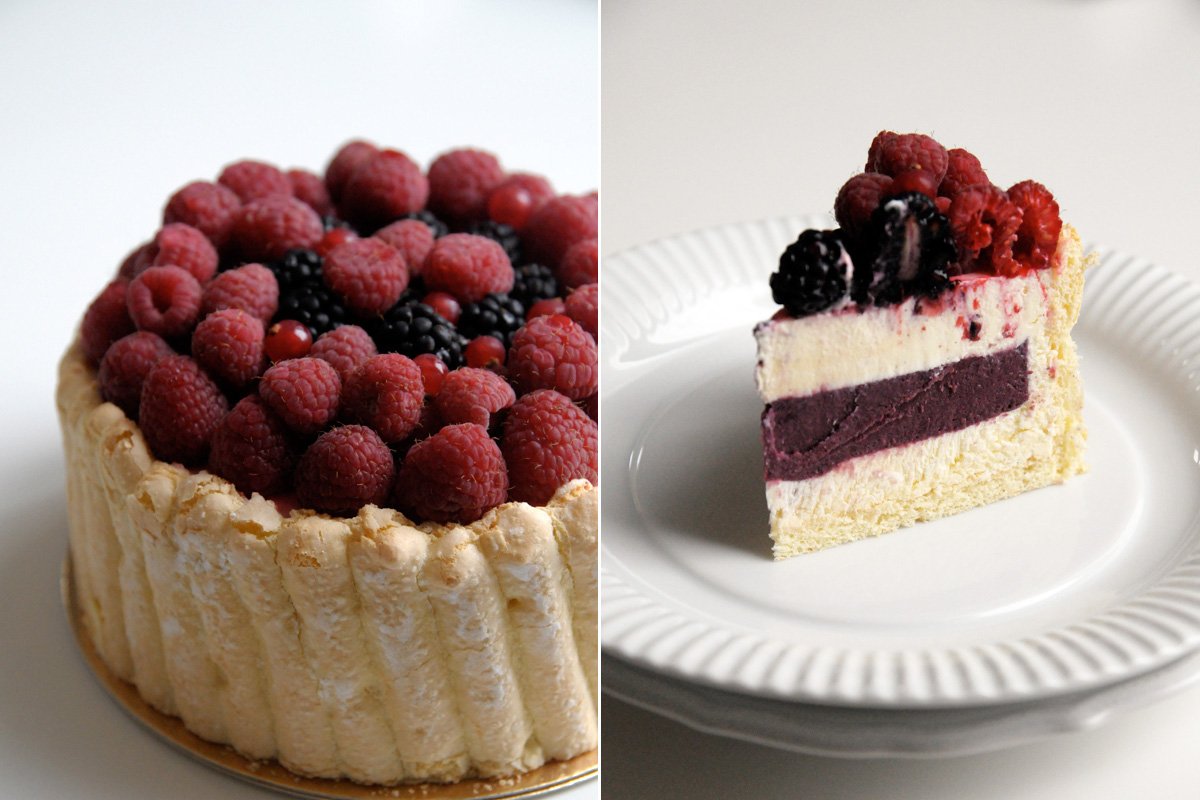 Modern entremets and a vanilla raspberries Charlotte...