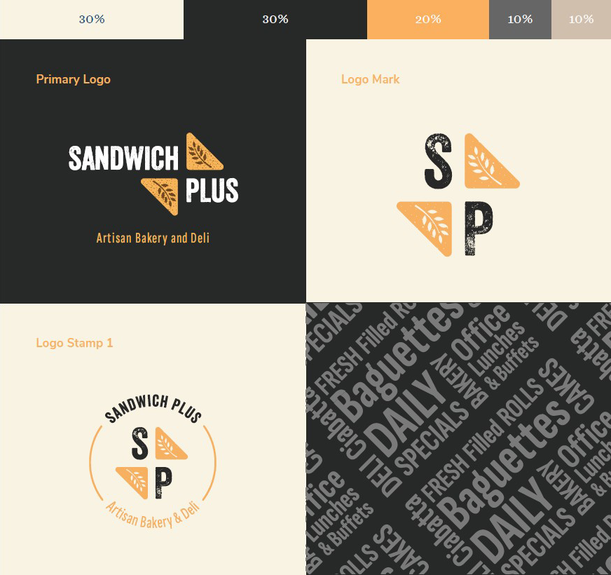 Logo family, colour palette and brand pattern for Sandwich Plus